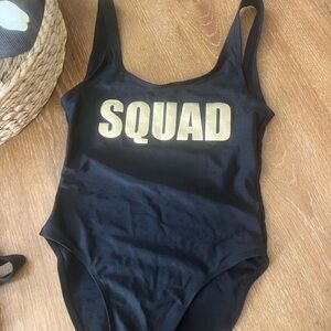 Black Swimsuit with Gold 'SQUAD' Print